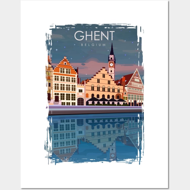 Ghent Blegium Vintage Minimal Retro Travel Poster at Night Wall Art by jornvanhezik